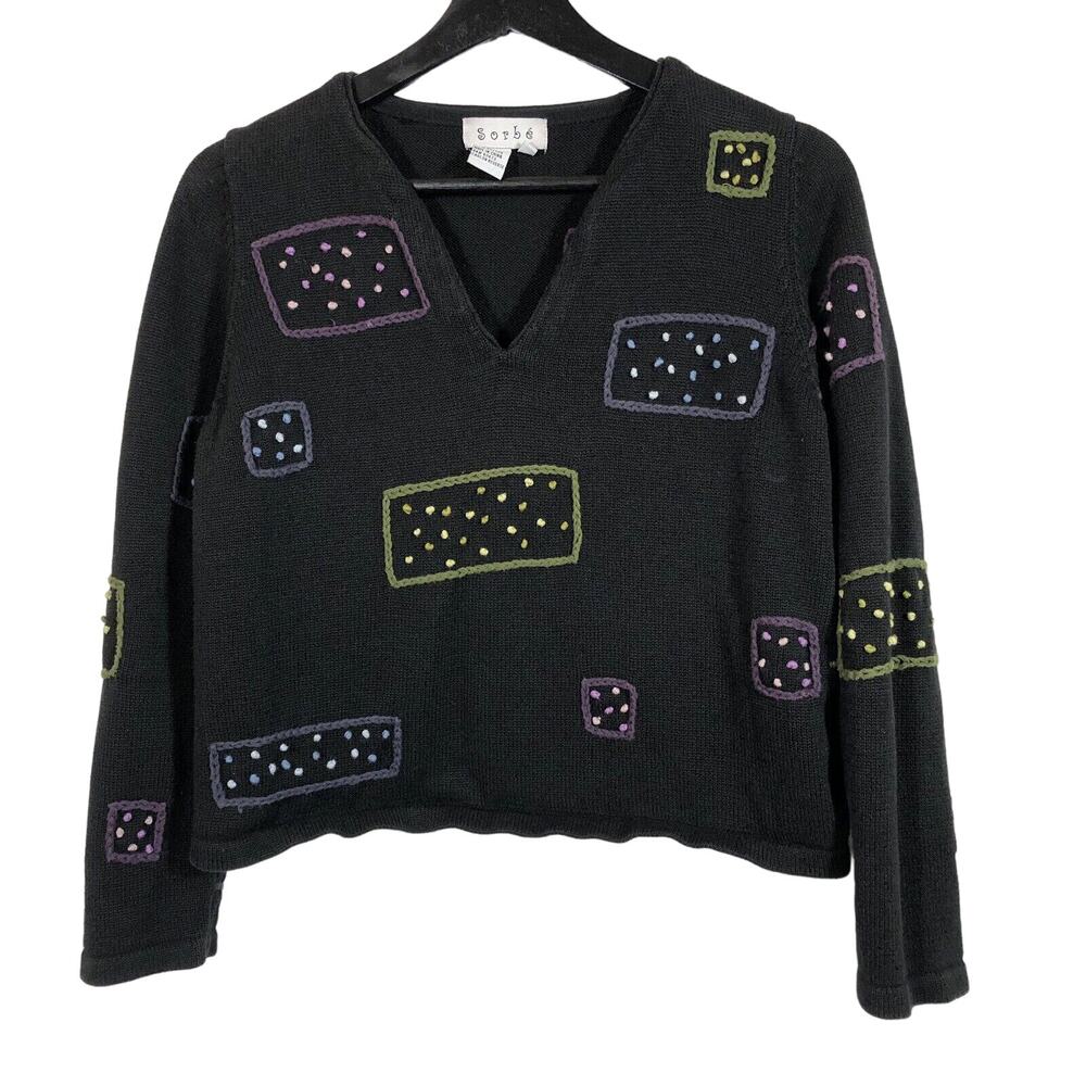 Black Cropped Sweater Vintage Embroidered Small Retro V-Neck Pullover